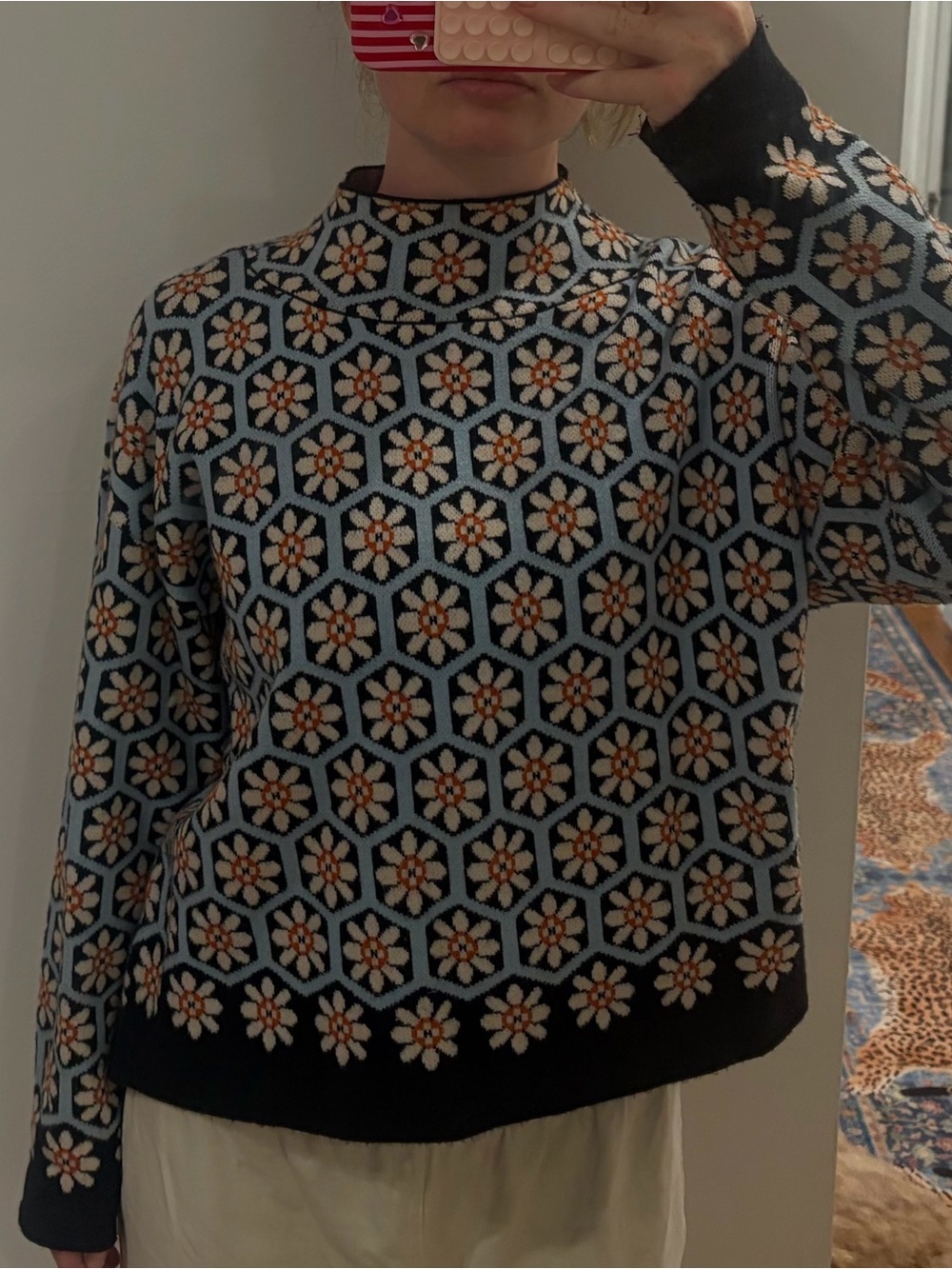 Maeve navy and Light Blue Floral Turtleneck Sweater